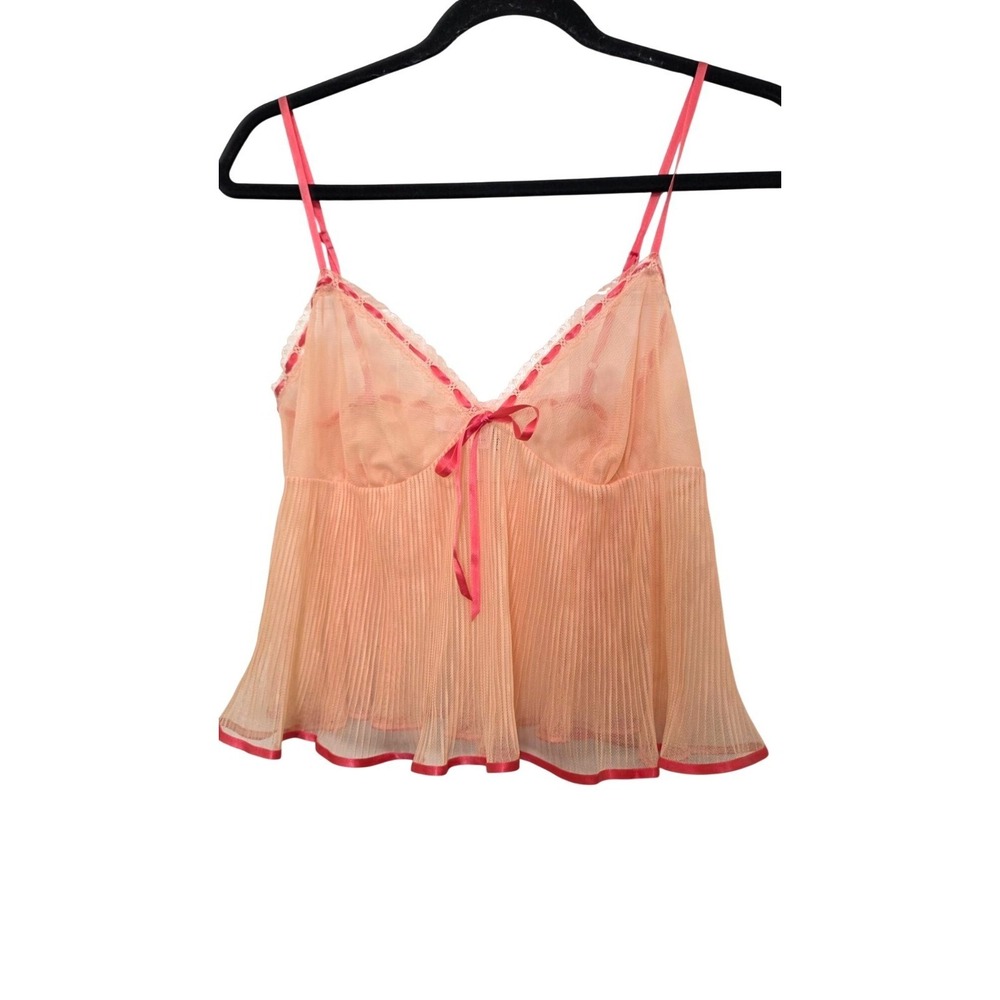 Victorias Secret Peach Sheer Pleated Babydoll Y2k Lingerie Pink Ribbon Size S